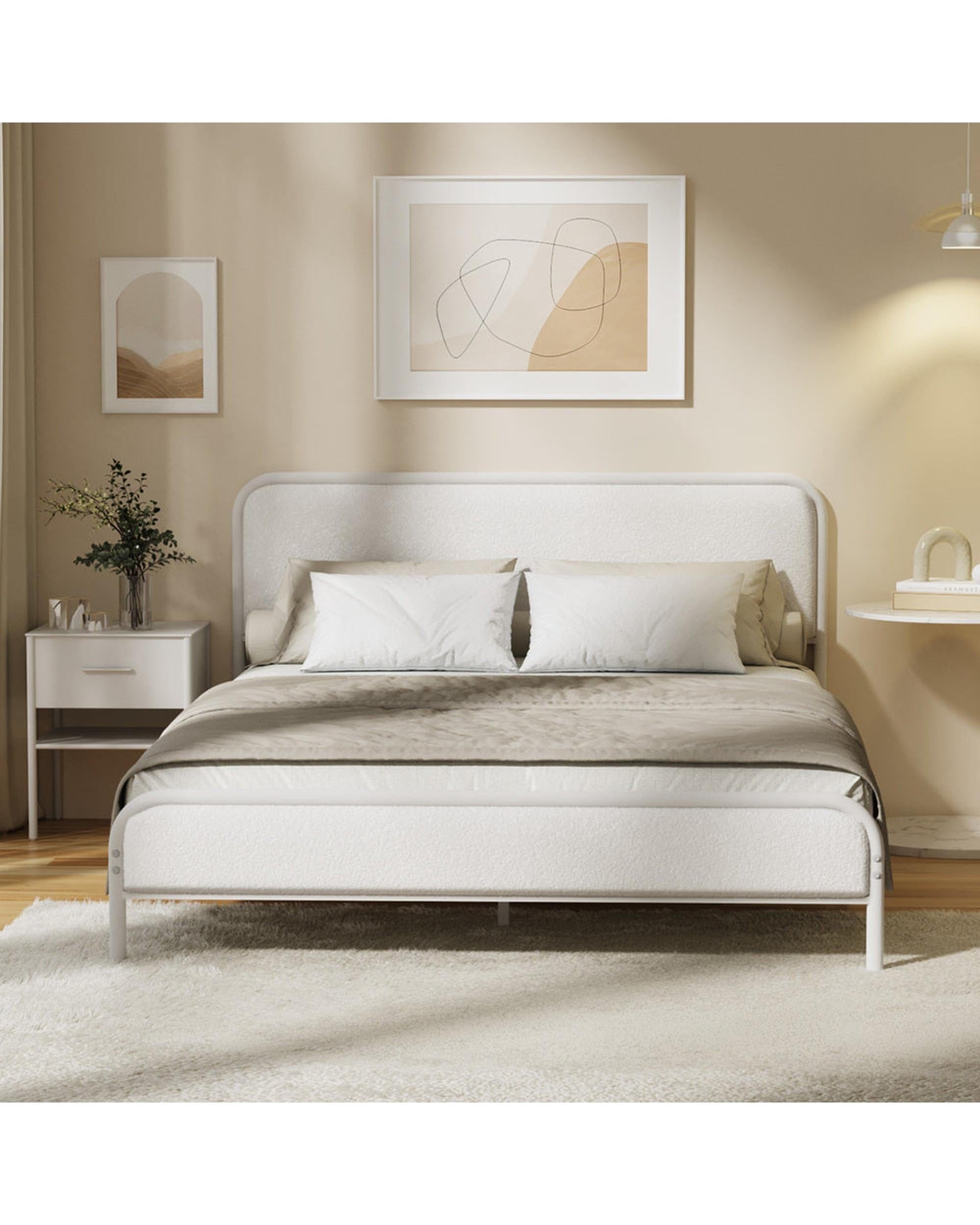 Oikiture Bedframe Metal Bed Frame Bedhead Boucle Fabric Beige