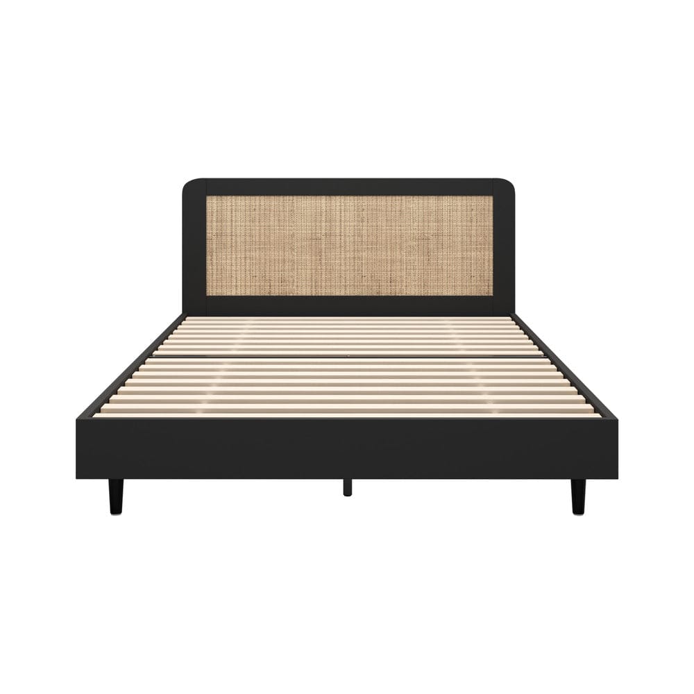 Oikiture Bedframe MIAMI Wooden Bed Frame Rattan Headboard - BLACK