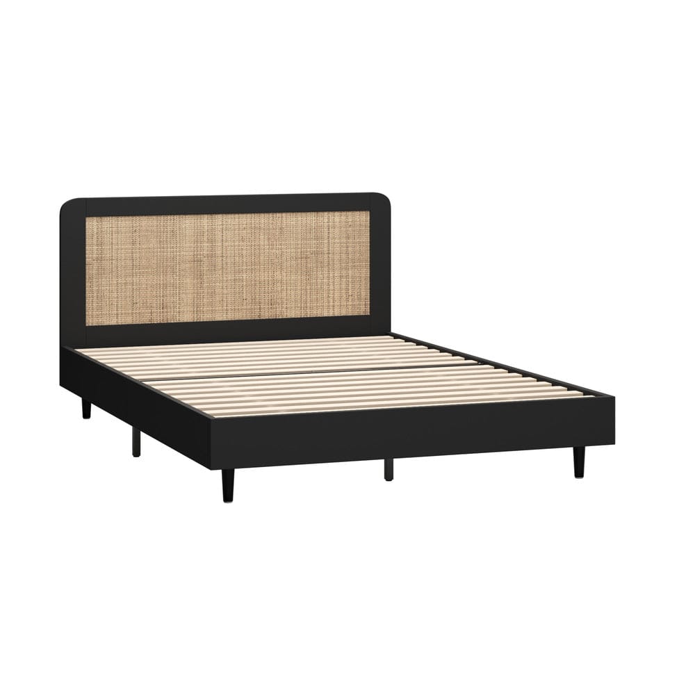Oikiture Bedframe MIAMI Wooden Bed Frame Rattan Headboard - BLACK