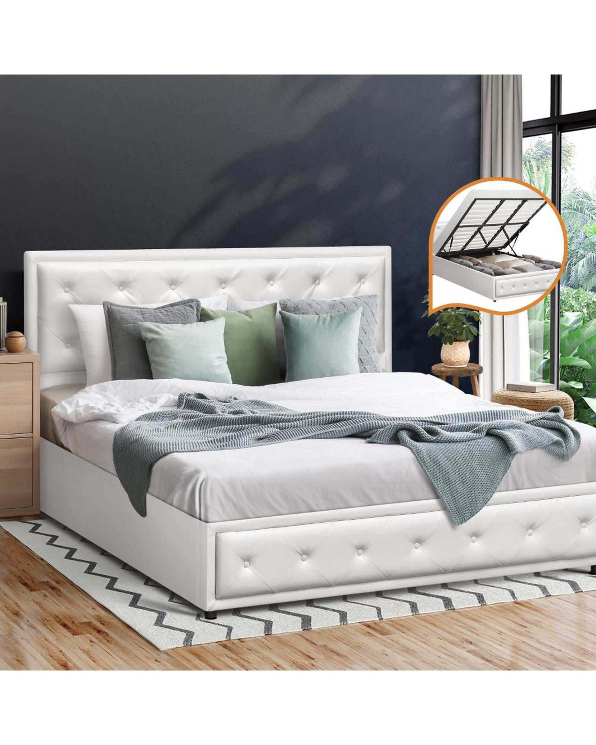 Oikiture Bedframe Midea Bed Frame with Storage Space Gas Lift Bed Mattress Base White