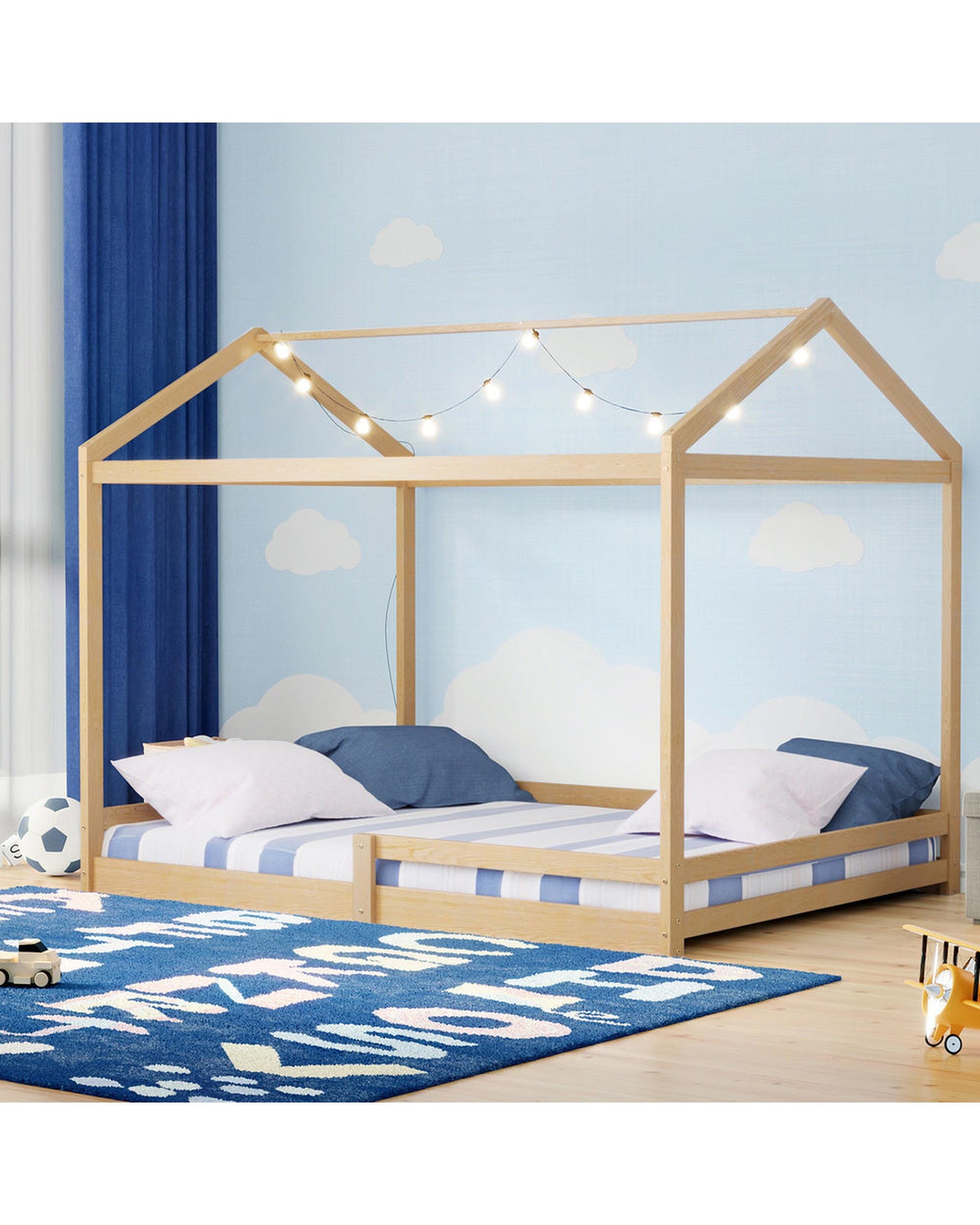 Oikiture Bedframe MINA Double Kids Wooden Bed Frame House Beds with Fence Natural