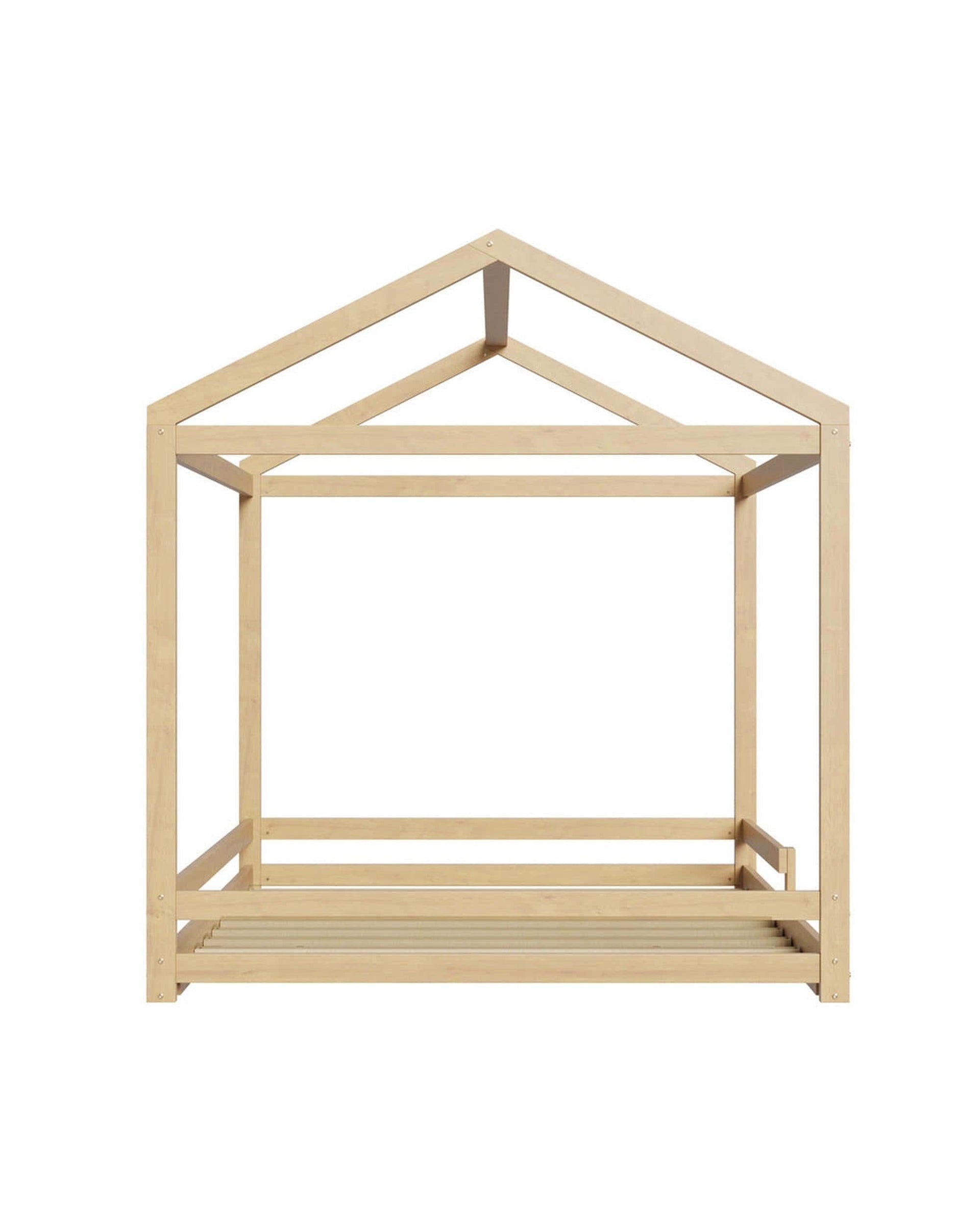 Oikiture Bedframe MINA Double Kids Wooden Bed Frame House Beds with Fence Natural