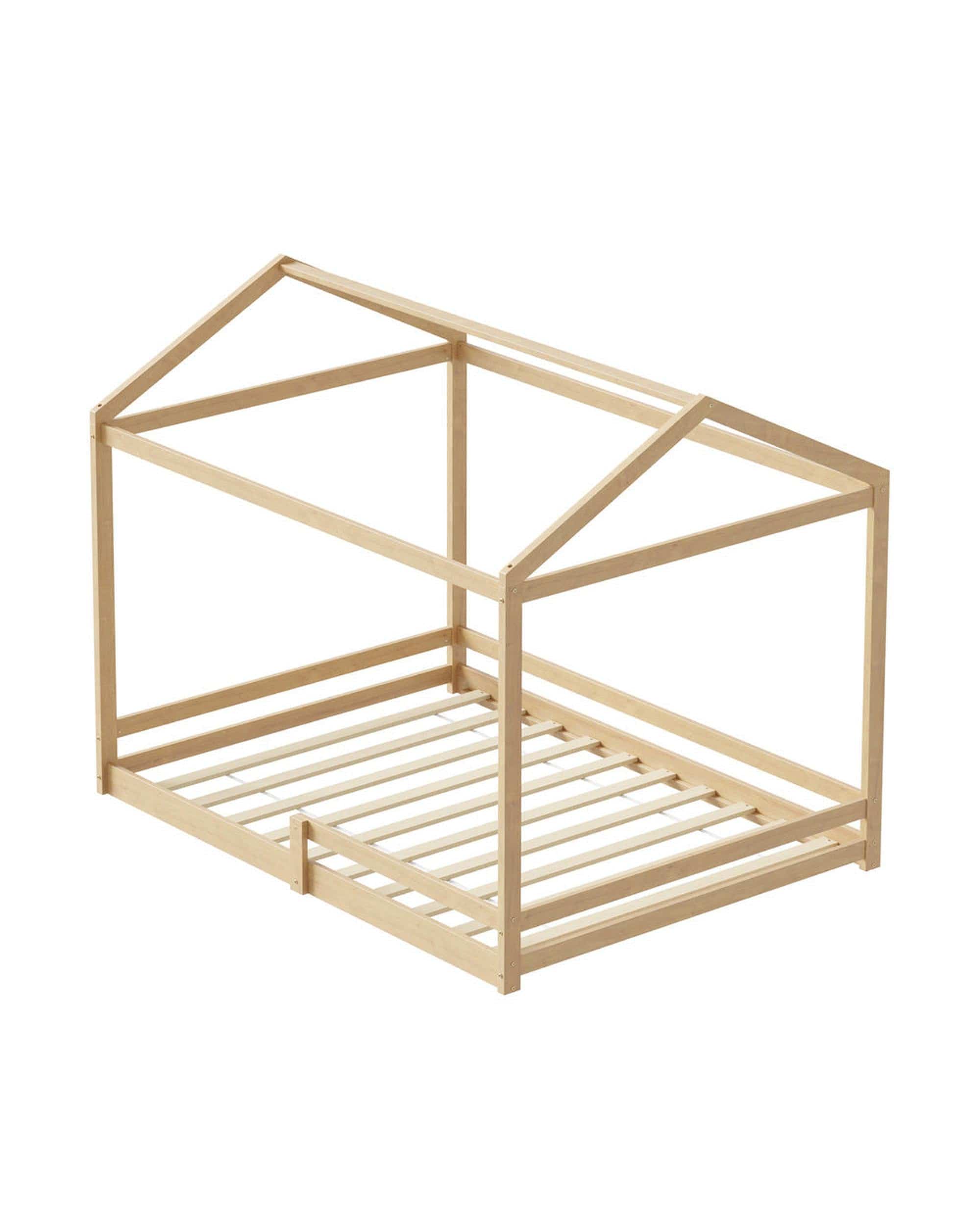 Oikiture Bedframe MINA Double Kids Wooden Bed Frame House Beds with Fence Natural