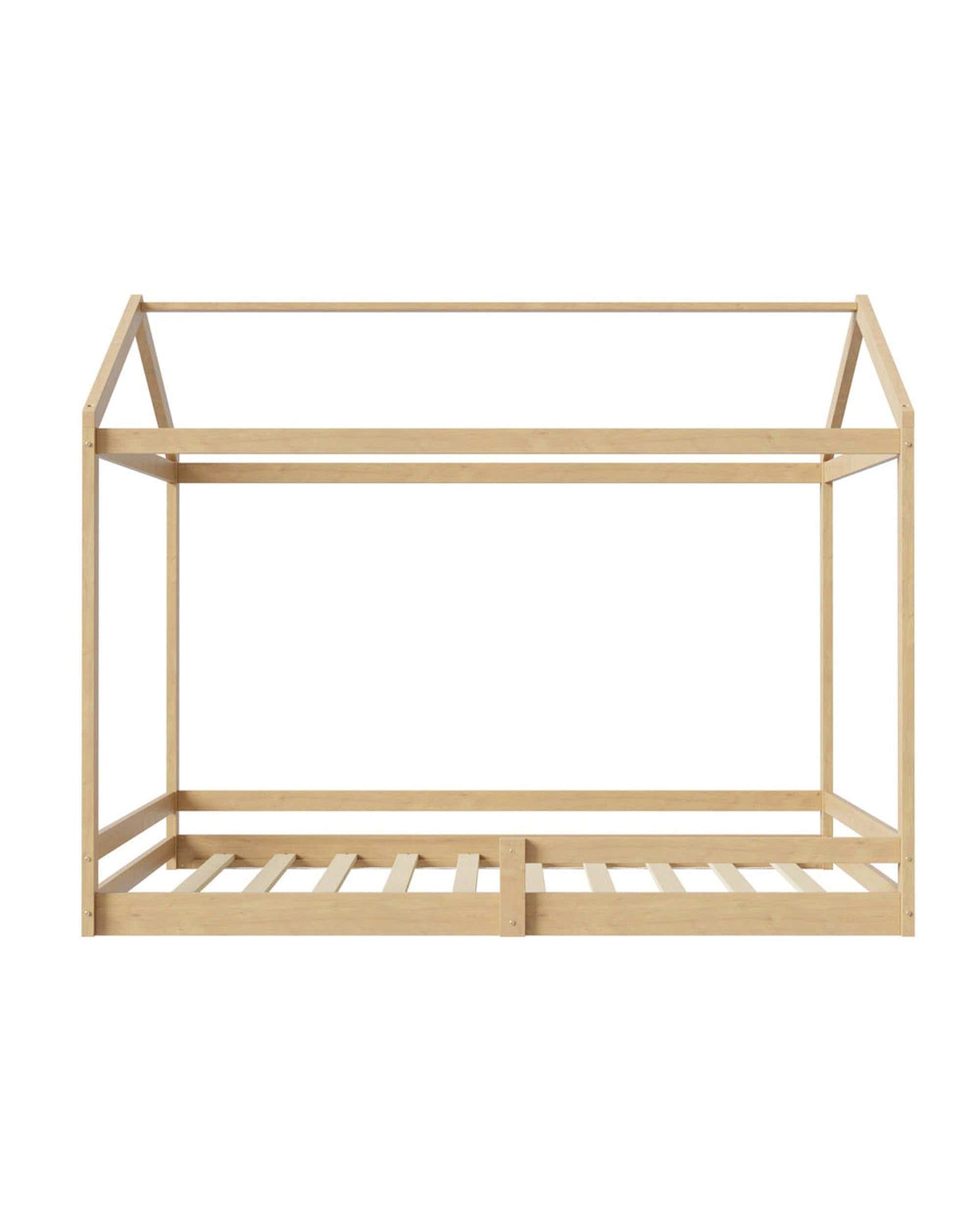 Oikiture Bedframe MINA Double Kids Wooden Bed Frame House Beds with Fence Natural