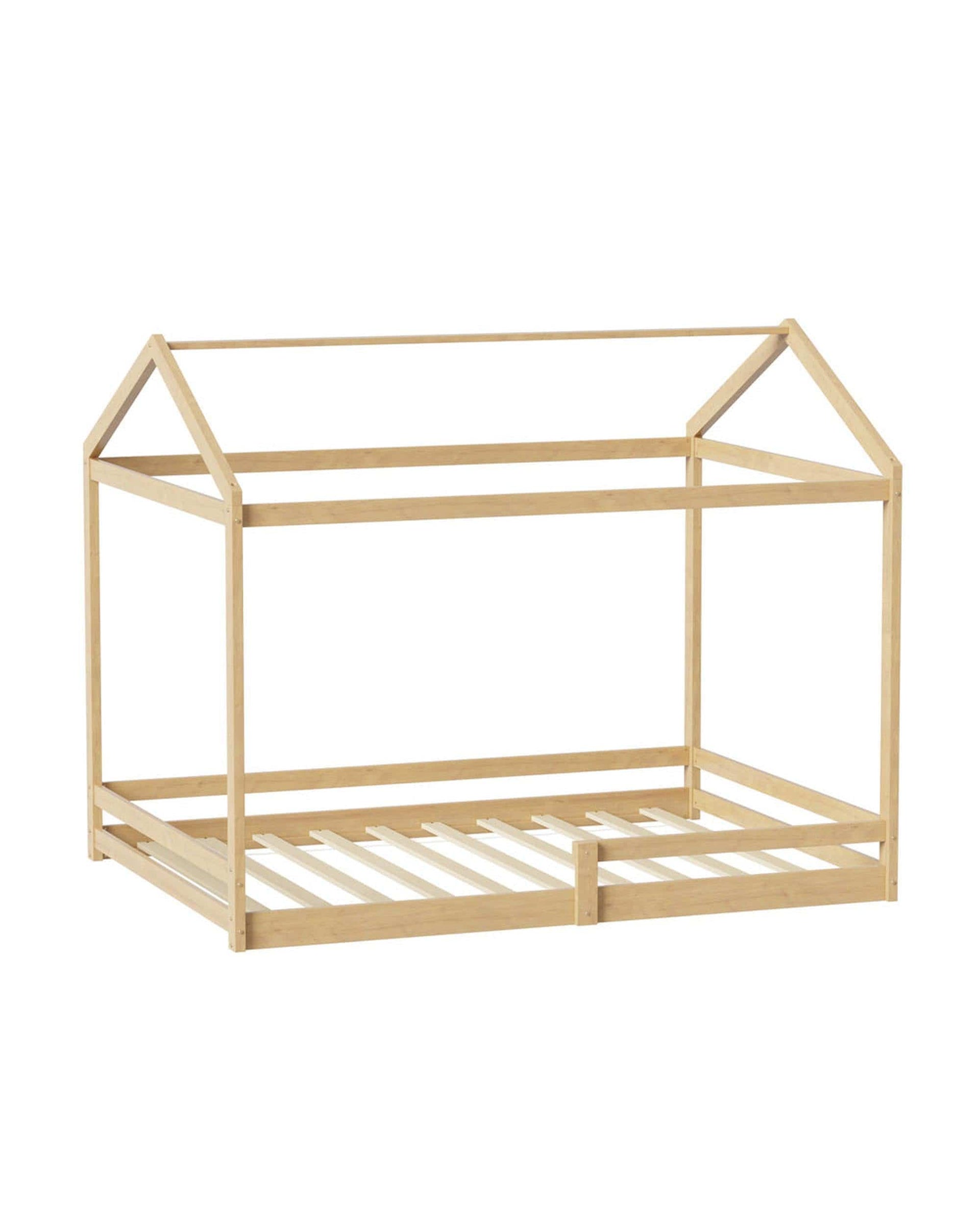 Oikiture Bedframe MINA Double Kids Wooden Bed Frame House Beds with Fence Natural