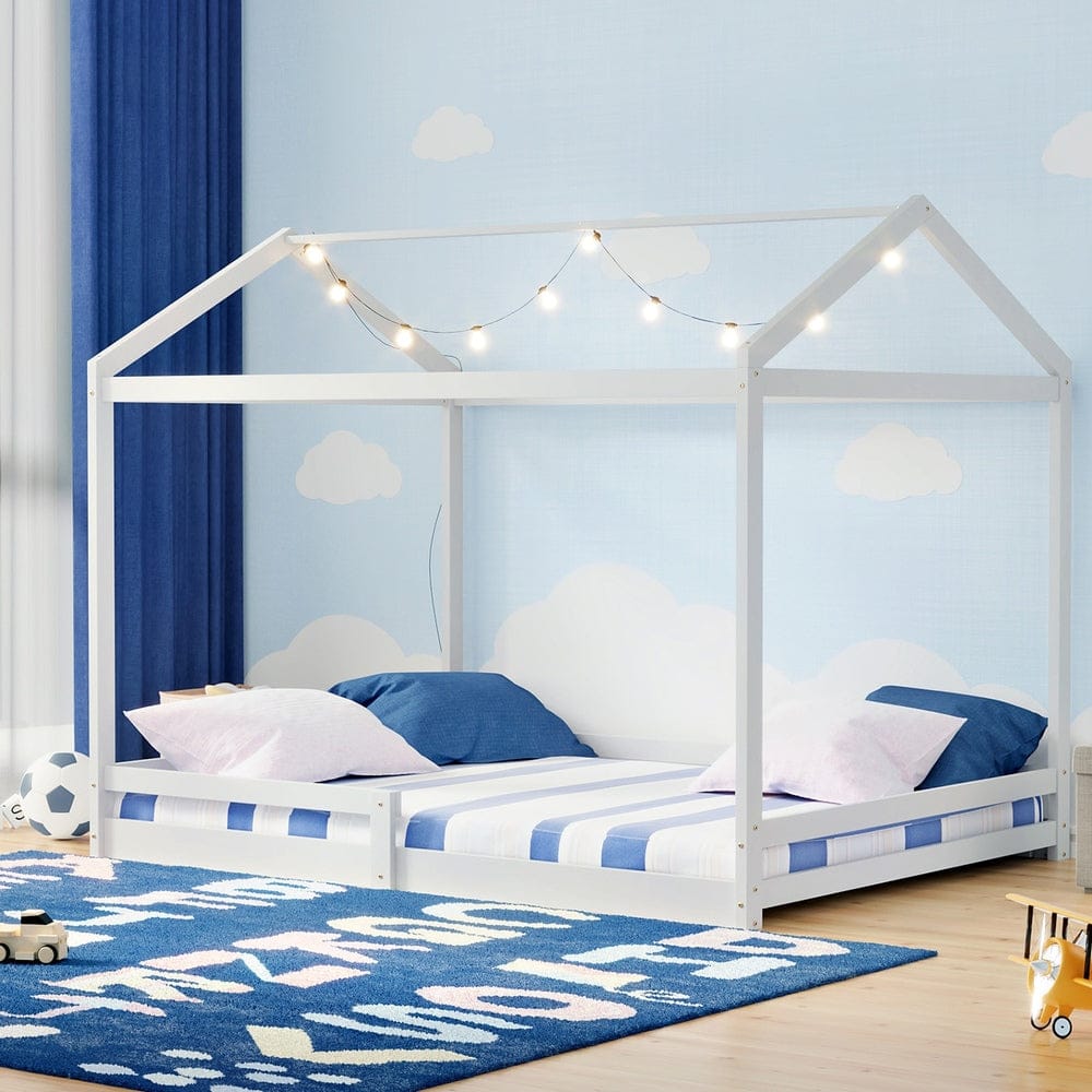 Oikiture Bedframe MINA Kids Wooden Bed Frame House Base with Fence Double White