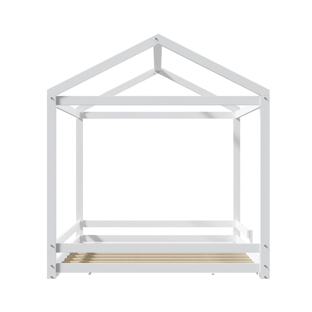 Oikiture Bedframe MINA Kids Wooden Bed Frame House Base with Fence Double White