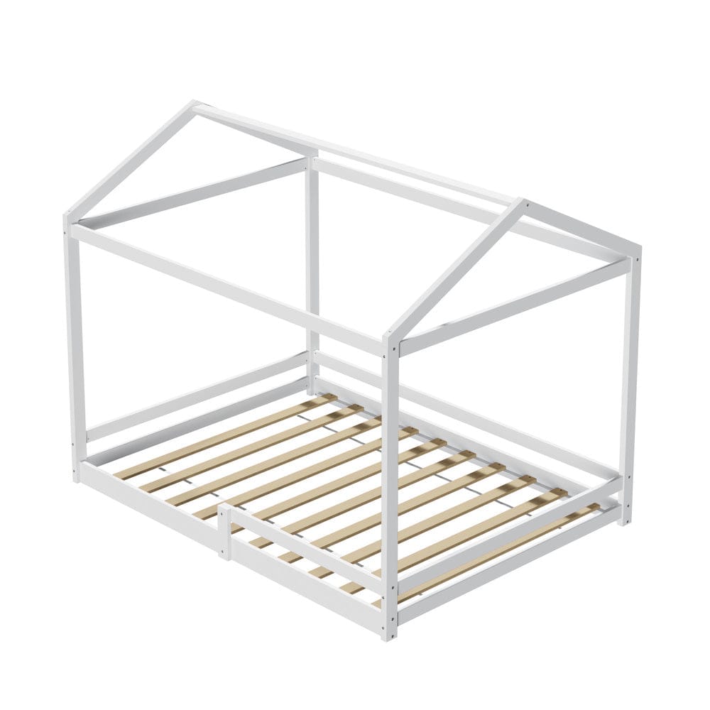 Oikiture Bedframe MINA Kids Wooden Bed Frame House Base with Fence Double White