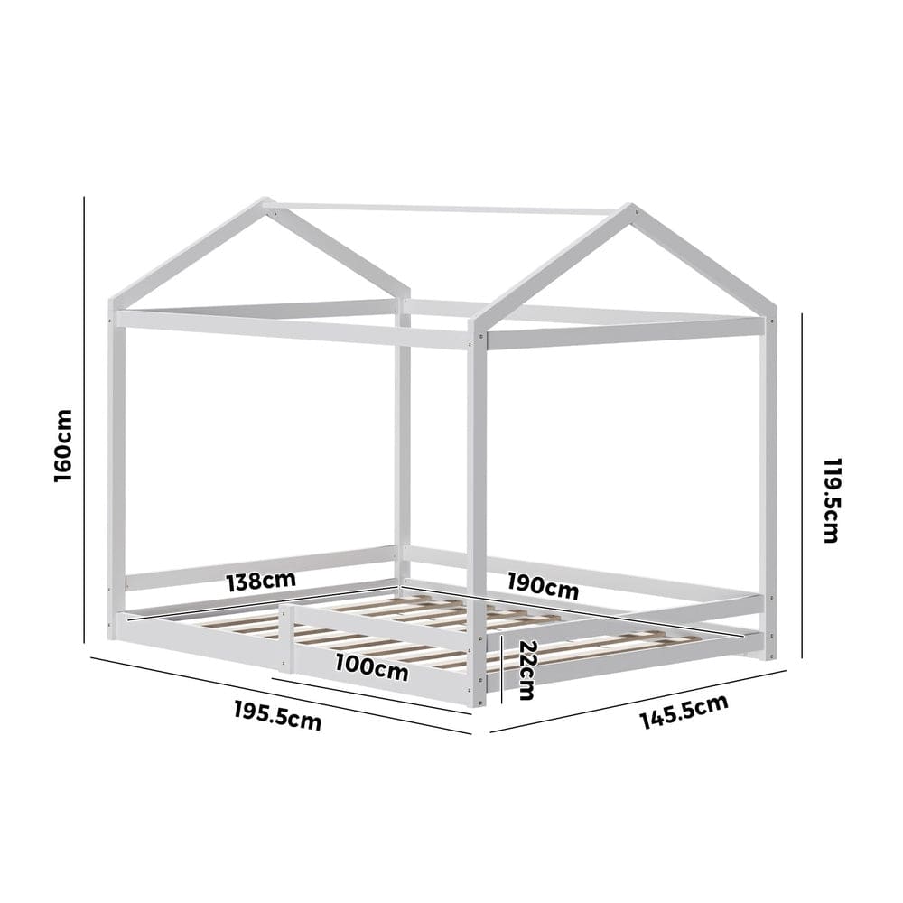 Oikiture Bedframe MINA Kids Wooden Bed Frame House Base with Fence Double White