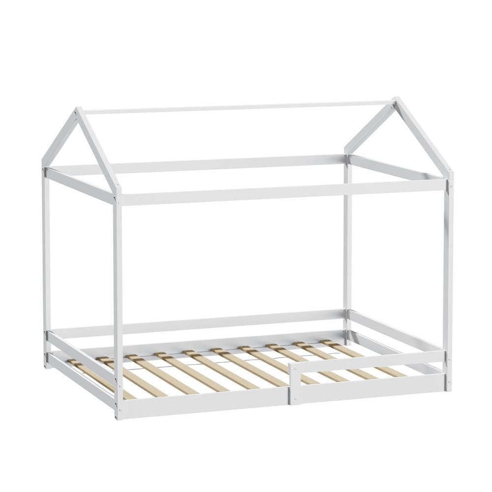 Oikiture Bedframe MINA Kids Wooden Bed Frame House Base with Fence Double White