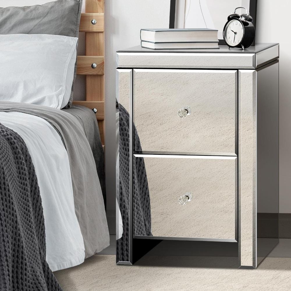 Oikiture Bedside Table Mirrored Bedside Table with 2 Drawers Home Storage Cabiner Nightstand End Table