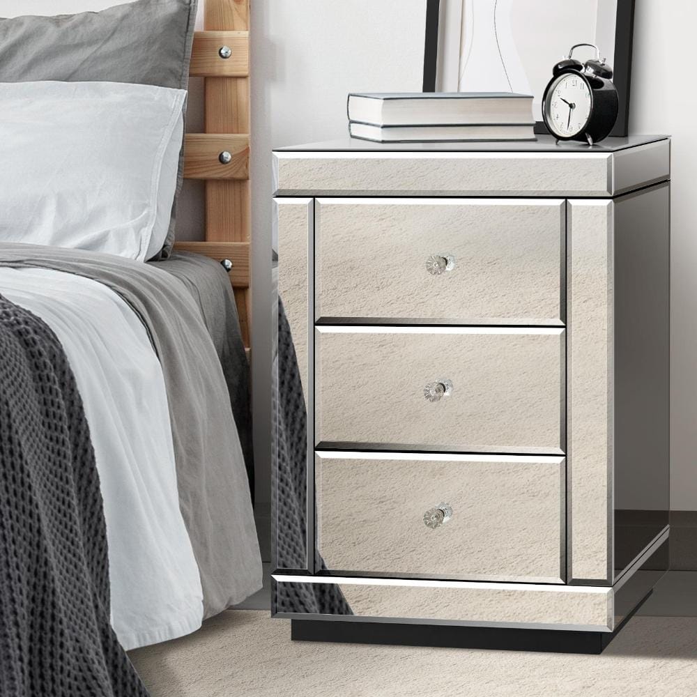 Oikiture Bedside Table Mirrored Bedside Table with 3 Drawers Home Storage Cabiner Nightstand End Table