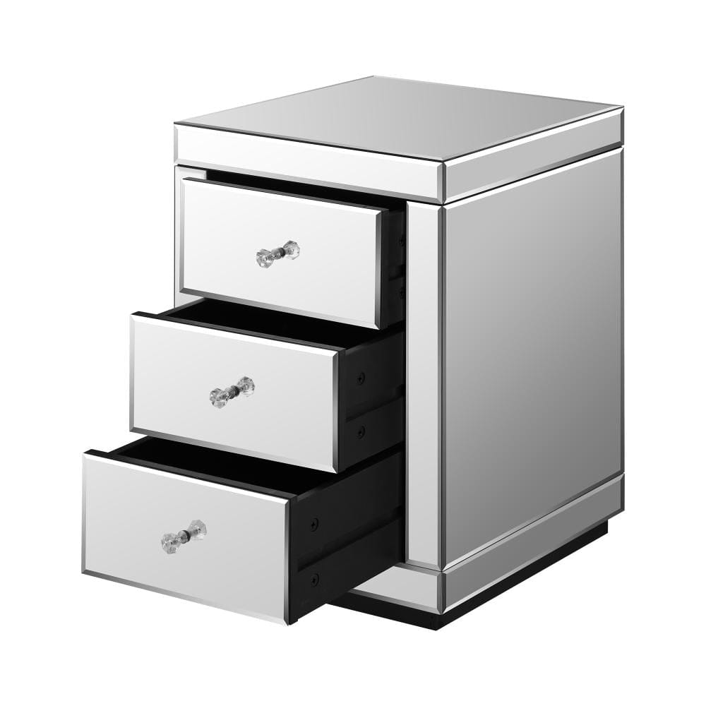 Oikiture Bedside Table Mirrored Bedside Table with 3 Drawers Home Storage Cabiner Nightstand End Table