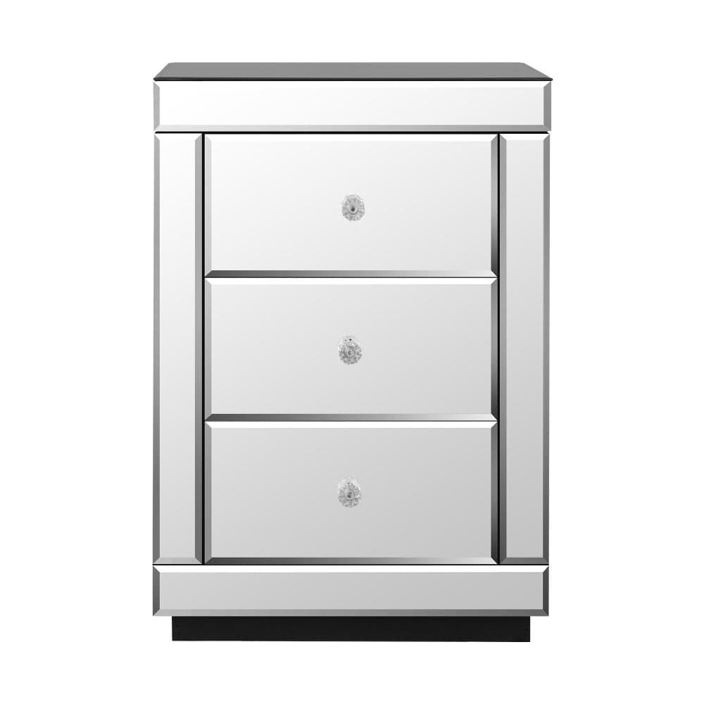 Oikiture Bedside Table Mirrored Bedside Table with 3 Drawers Home Storage Cabiner Nightstand End Table
