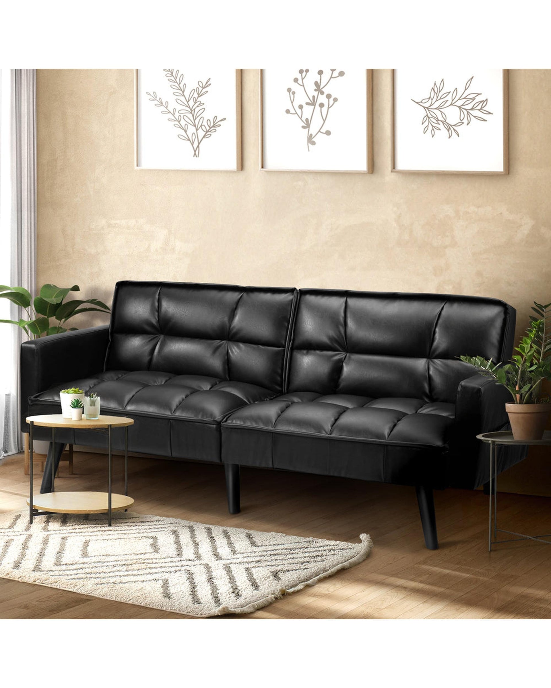 Oikiture Sofa NOVA Sofa Bed Futon Convertible Leather 3-Seater Black