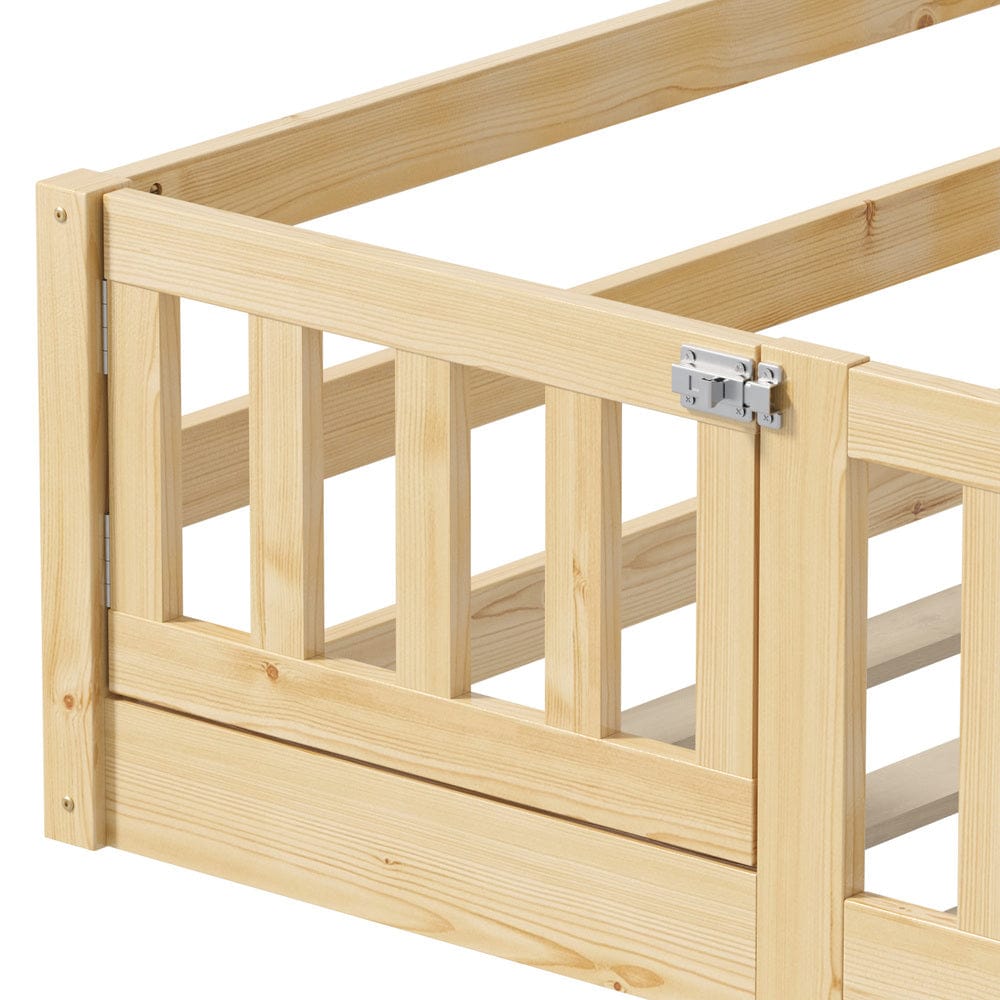Oikiture Bedframe Offiel Kids Bed Frame Single Beds Timber Wood Gate Guard Natural