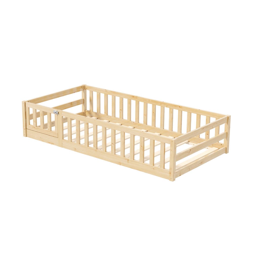 Oikiture Bedframe Offiel Kids Bed Frame Single Beds Timber Wood Gate Guard Natural