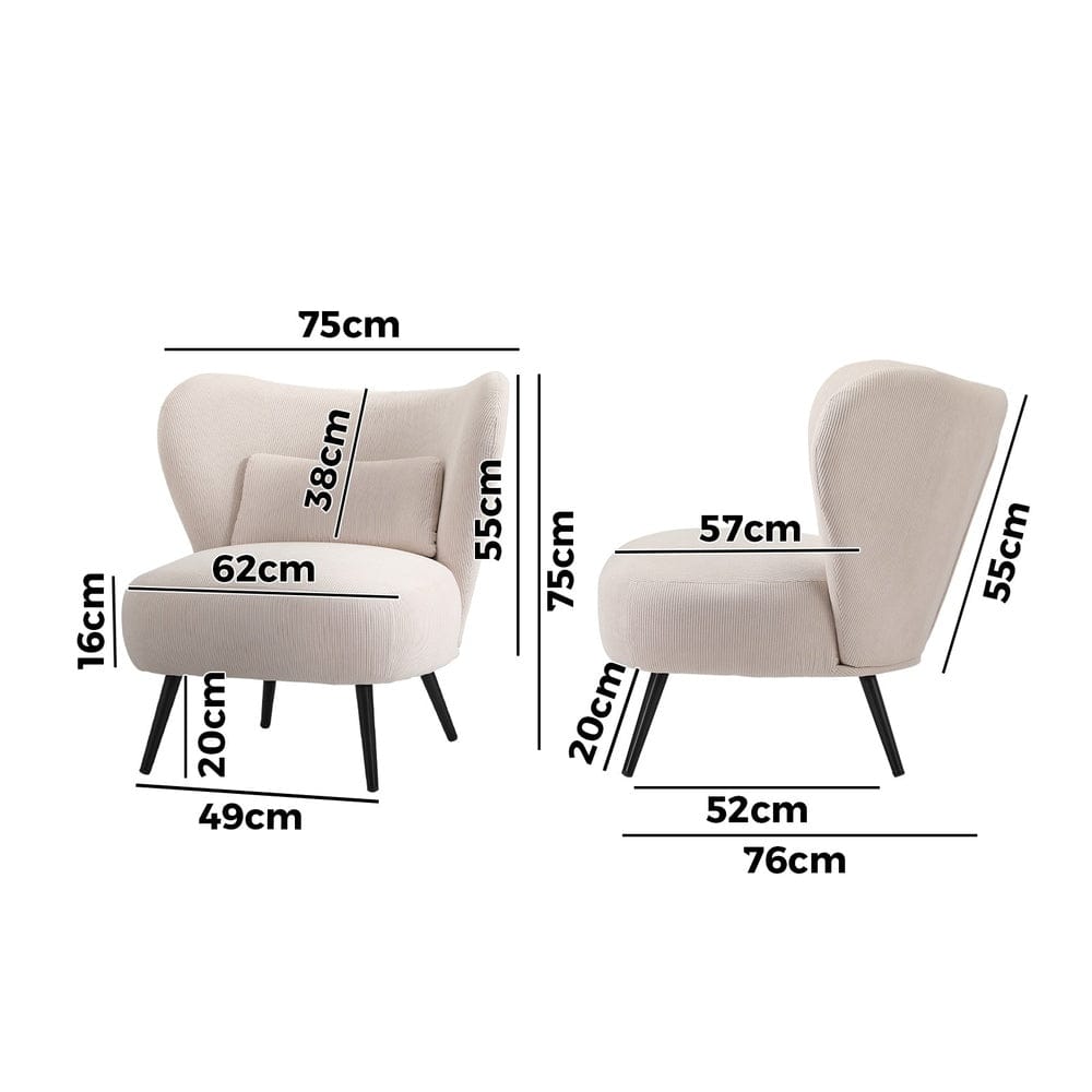 Oikiture Armchair Oikiture 2x Armchair Lounge Chair Lumbar Pillow Wingback Velvet Beige