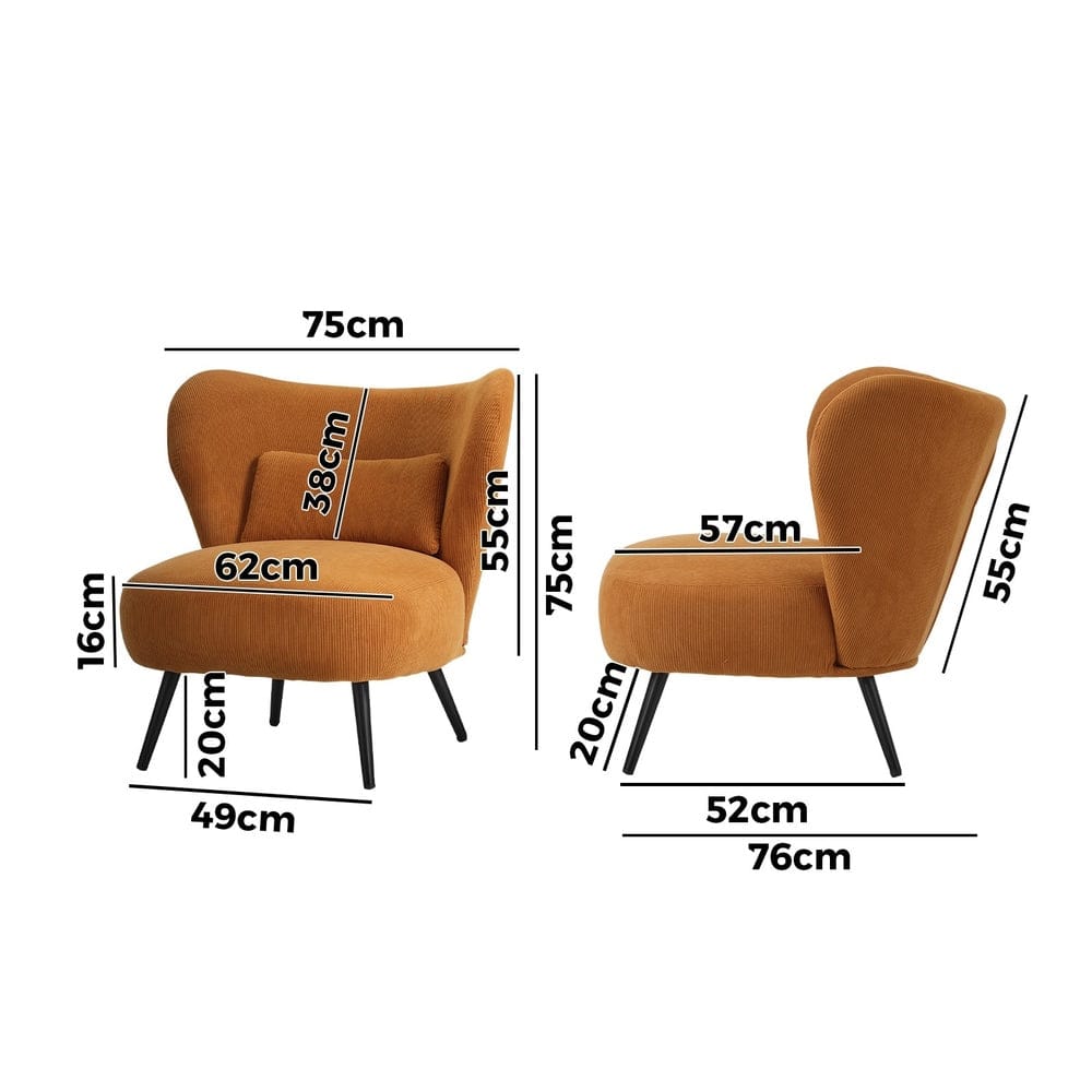 Oikiture Armchair Oikiture 2x Armchair Lounge Chair Lumbar Pillow Wingback Velvet Orange