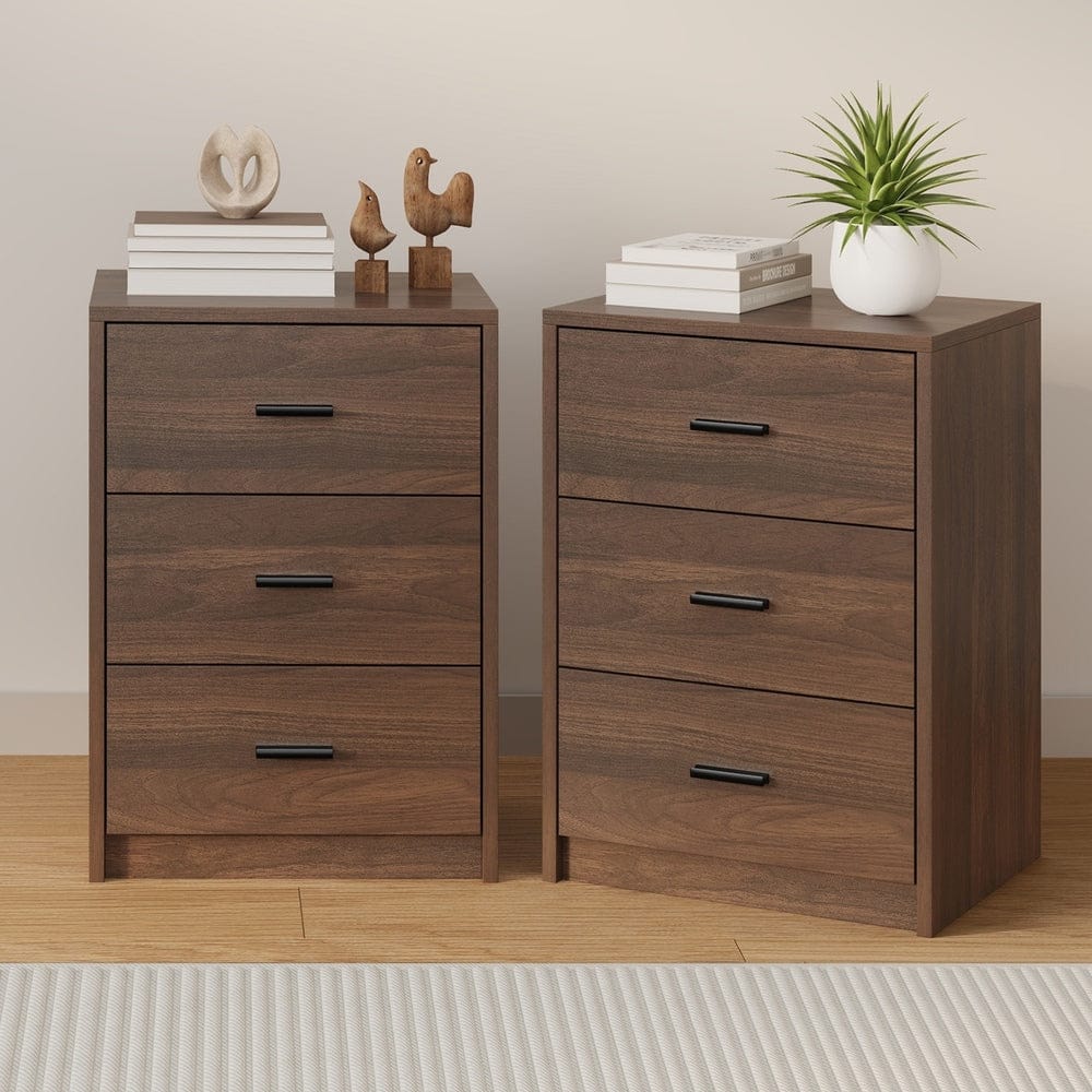 Oikiture Bedside Table Oikiture 2x Bedside Table 3 Drawers Nightstand Bedroom Storage Walnut