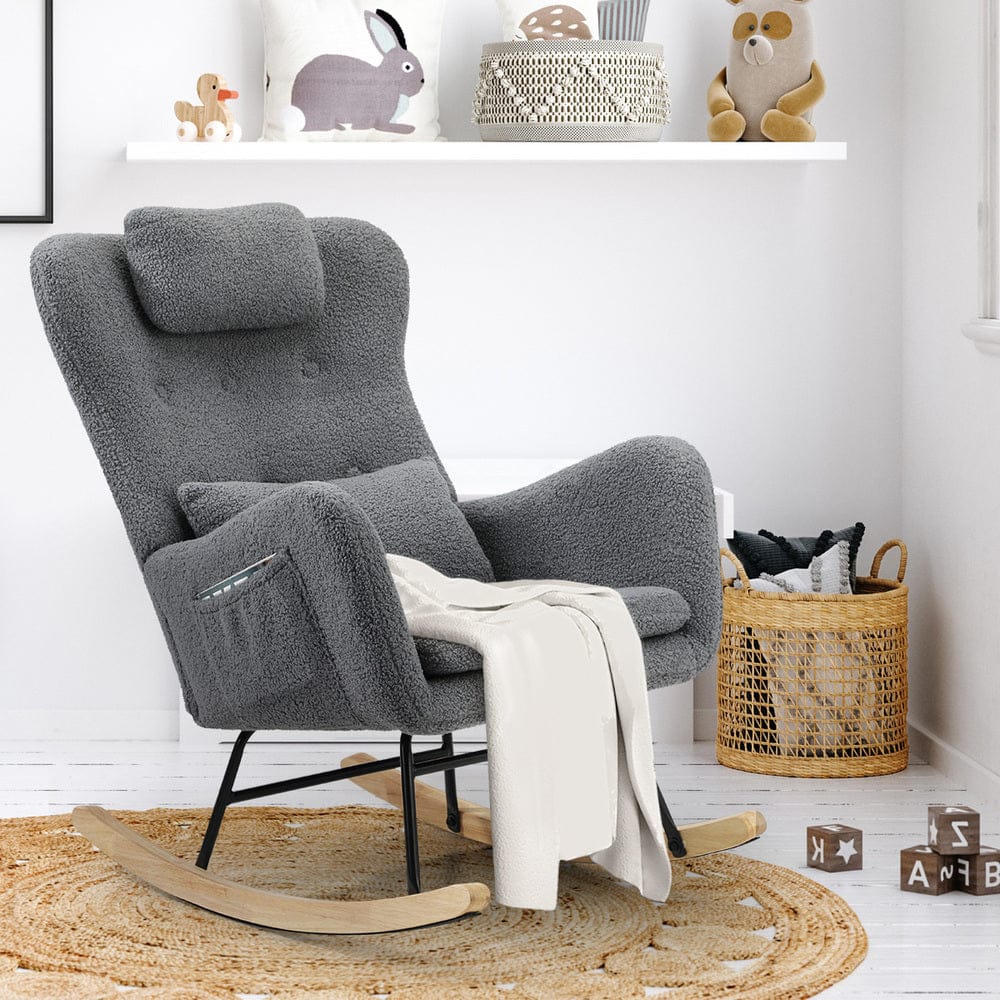 Oikiture Armchair Oikiture 2x Rocking Armchair Nursing Sherpa Chairs With 2 Pillow Grey