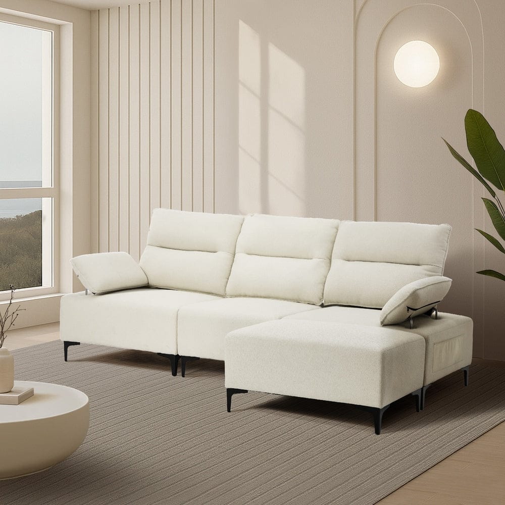 Oikiture Sofa Oikiture 3 Seater Couch Sofa Chenille Adjustable Armrest Beige