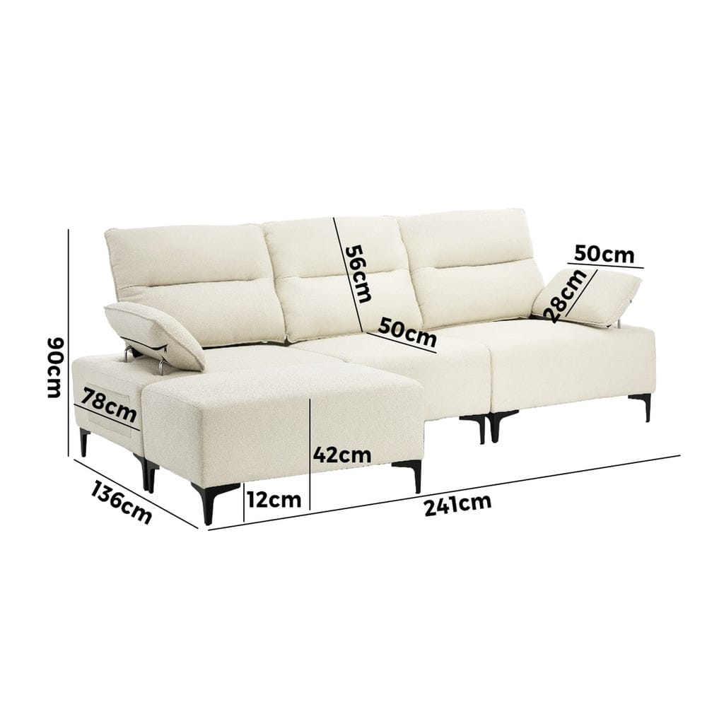 Oikiture Sofa Oikiture 3 Seater Couch Sofa Chenille Adjustable Armrest Beige