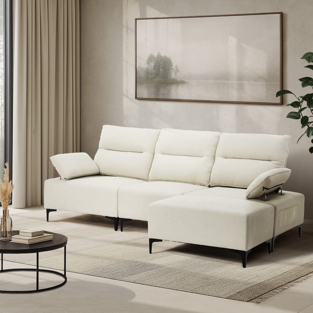 Oikiture Sofa Oikiture 3 Seater Couch Sofa Chenille Adjustable Armrest Beige