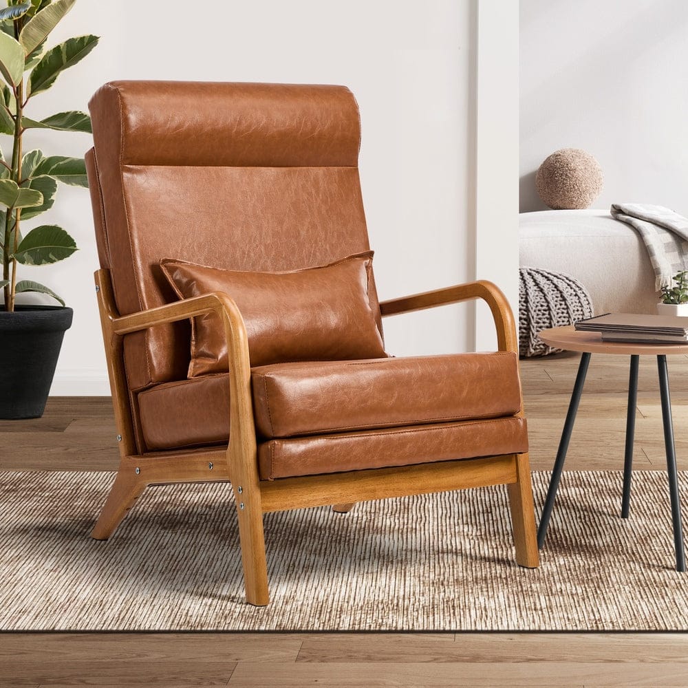 Oikiture Accent Chair Oikiture Armchair PU Leather Lounge Chair with Lumbar Pillow Brown