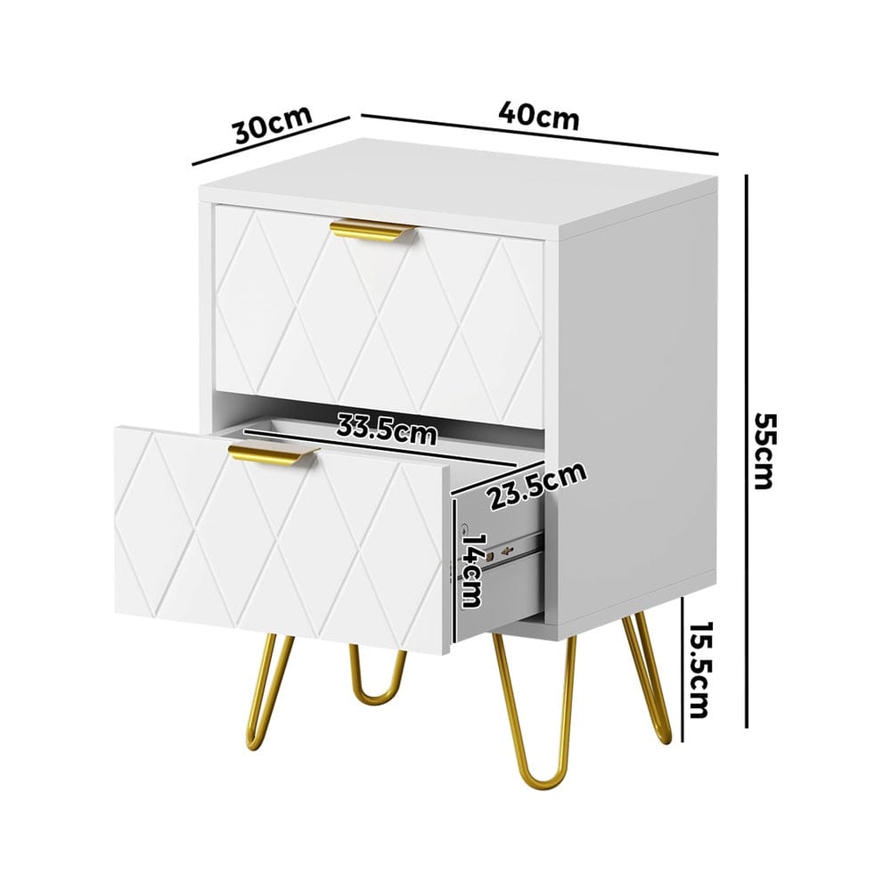 Oikiture Bedside Table Oikiture Bedside Table 2 Drawers Gold Metal Nightstand White