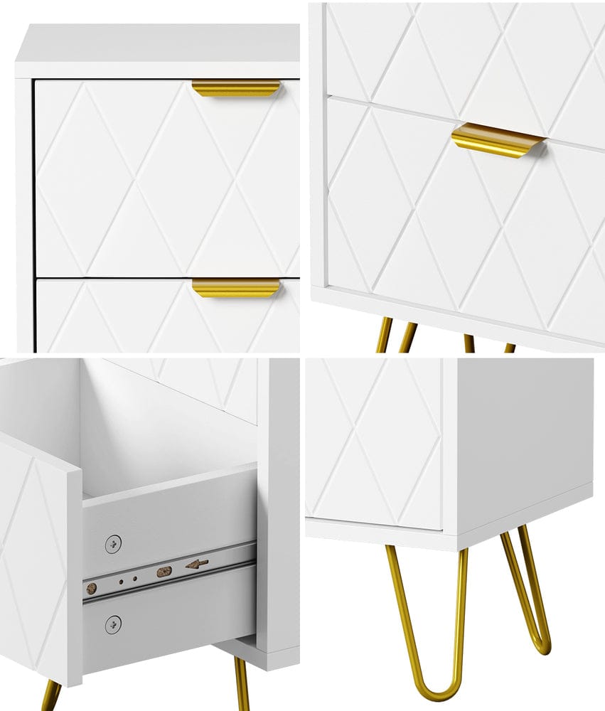 Oikiture Bedside Table Oikiture Bedside Table 2 Drawers Gold Metal Nightstand White