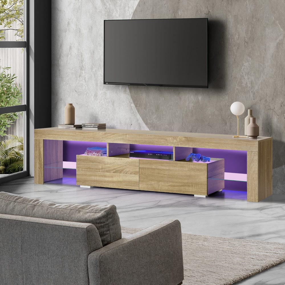 Oikiture TV Unit Oikiture Entertainment Unit TV Cabinet Drawers LED RGB Natural 180cm