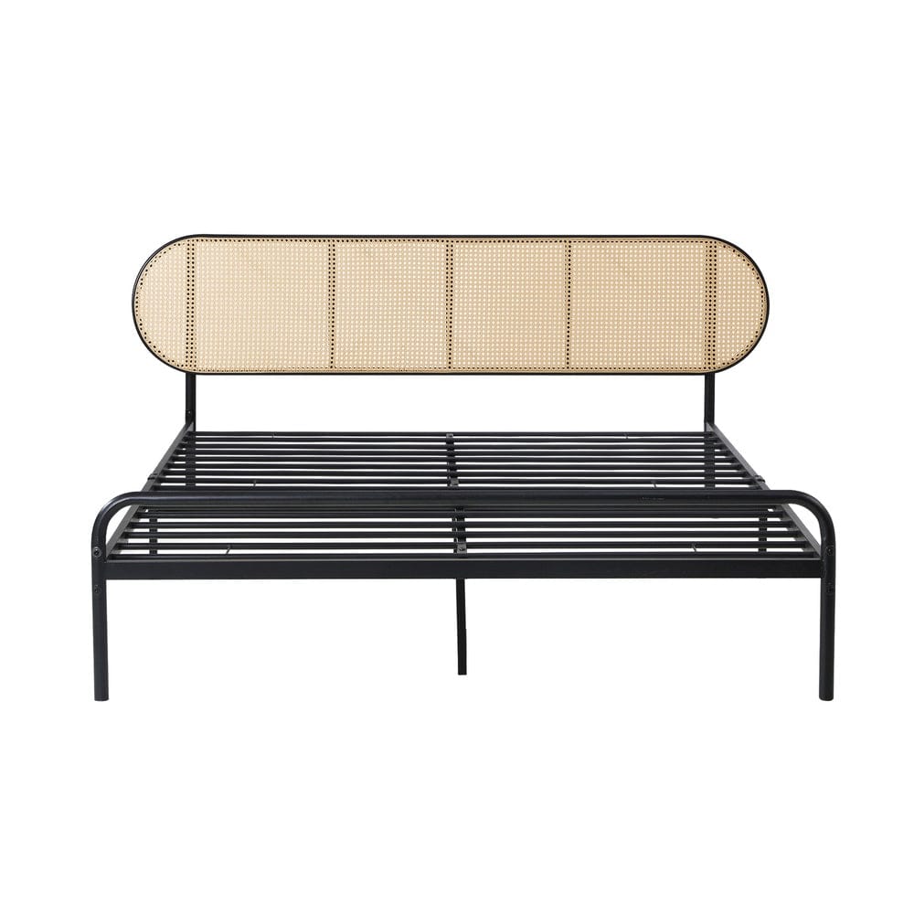 Oikiture Bedframe PA Bed Frame Metal Base - Rattan Headboard