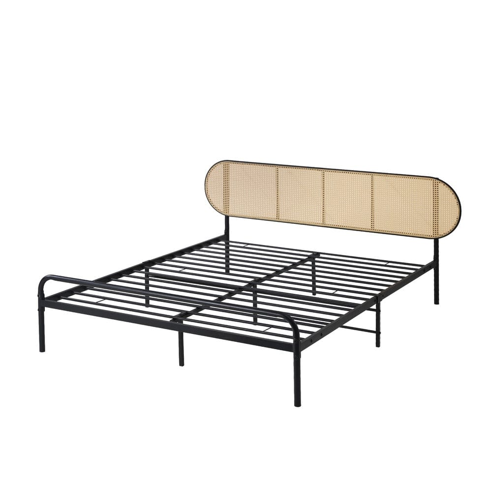 Oikiture Bedframe PA Bed Frame Metal Base - Rattan Headboard