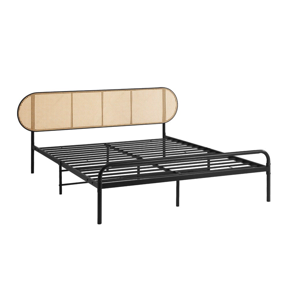 Oikiture Bedframe PA Bed Frame Metal Base - Rattan Headboard