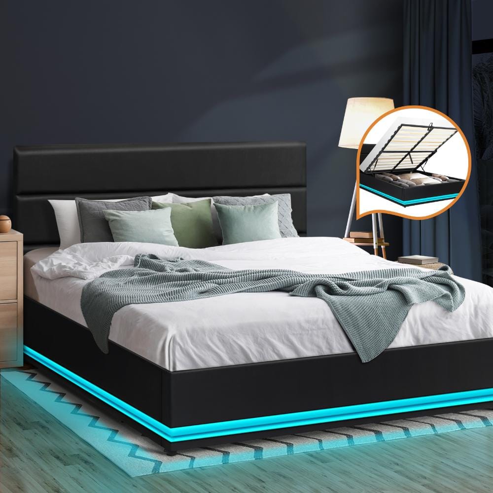 Oikiture Bedframe Pana Bed Frame, RBG Mattress Base with Gas Lift and Storage Space Black