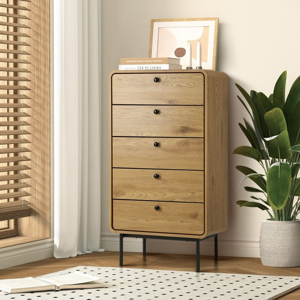 Oikiture Chest of Drawers PATEL  5 Chest of Drawers Dresser Tallboy Metal Handle Natural