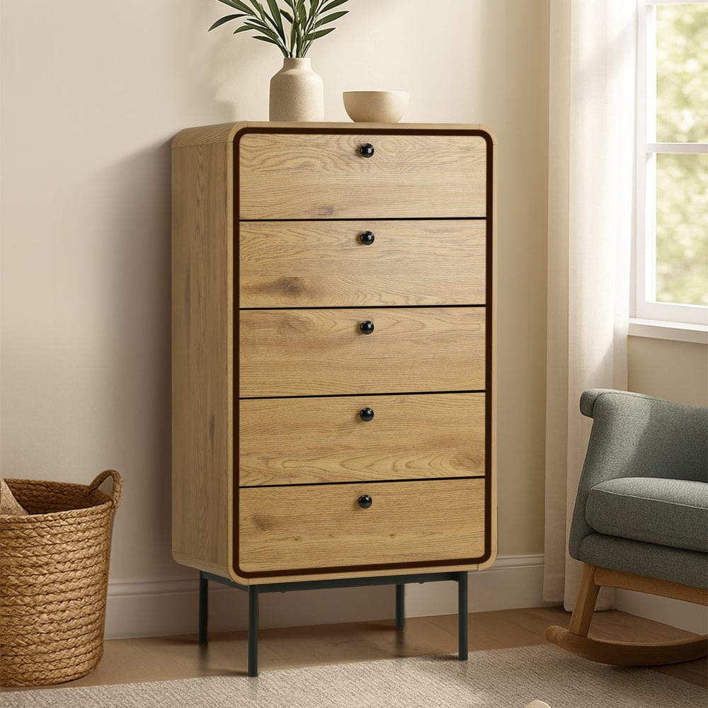 Oikiture Chest of Drawers PATEL  5 Chest of Drawers Dresser Tallboy Metal Handle Natural
