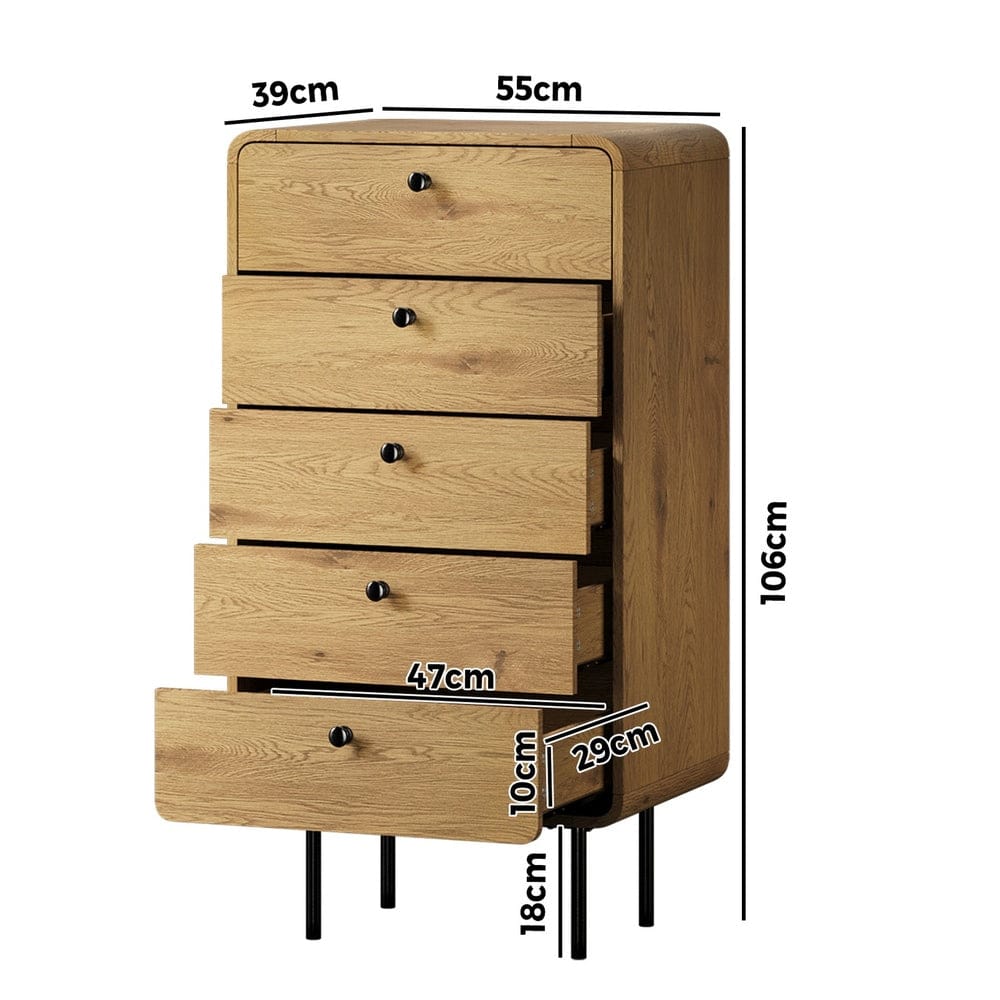 Oikiture Chest of Drawers PATEL  5 Chest of Drawers Dresser Tallboy Metal Handle Natural