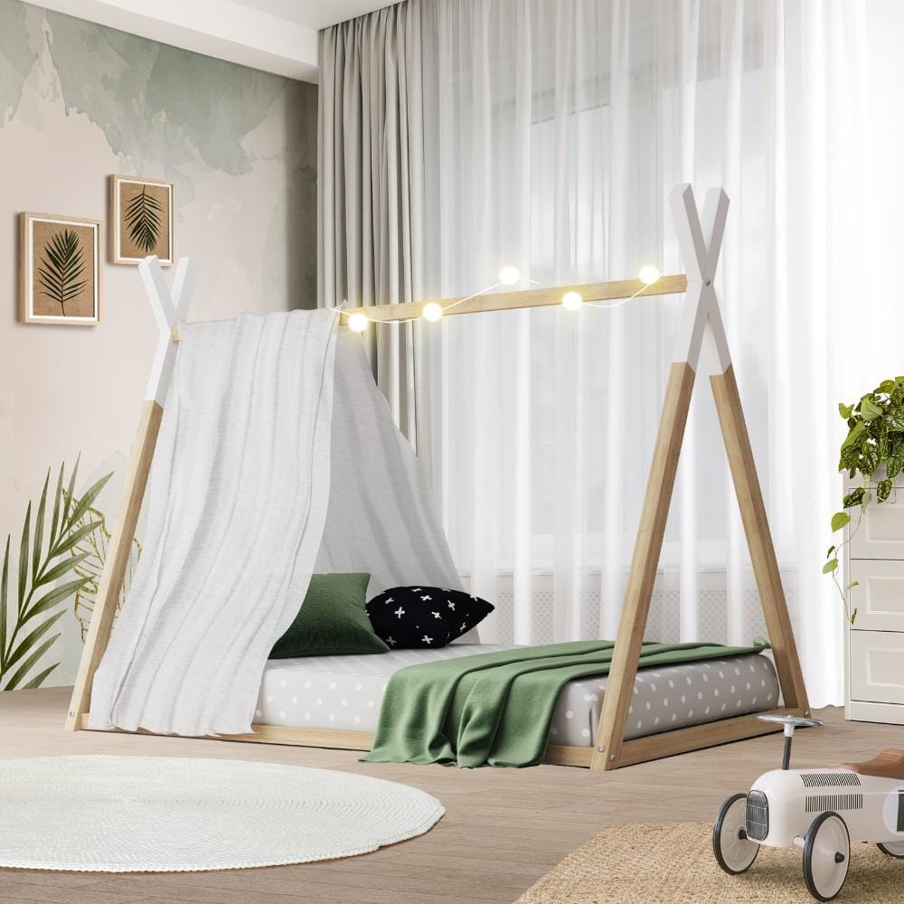 Oikiture Bedframe Paterno Kids Bed Frame With Single Mattress Set Teepee House Style