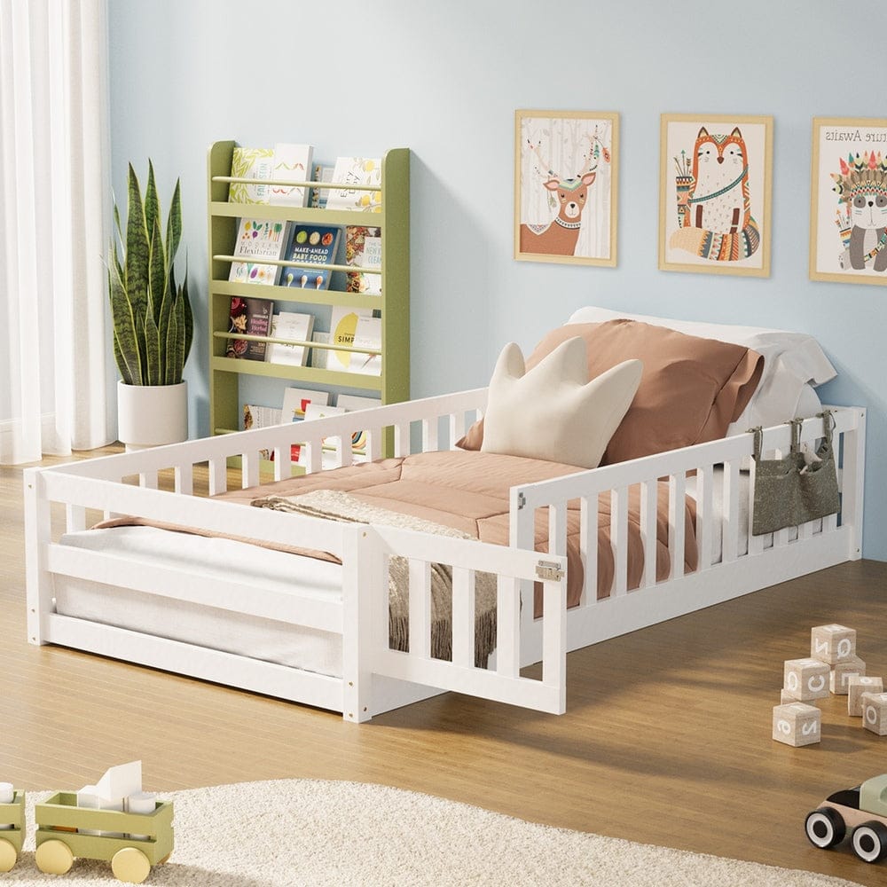 Oikiture Bedframe Play Kids Bed Frame Single Beds Timber Wood Gate Guard White