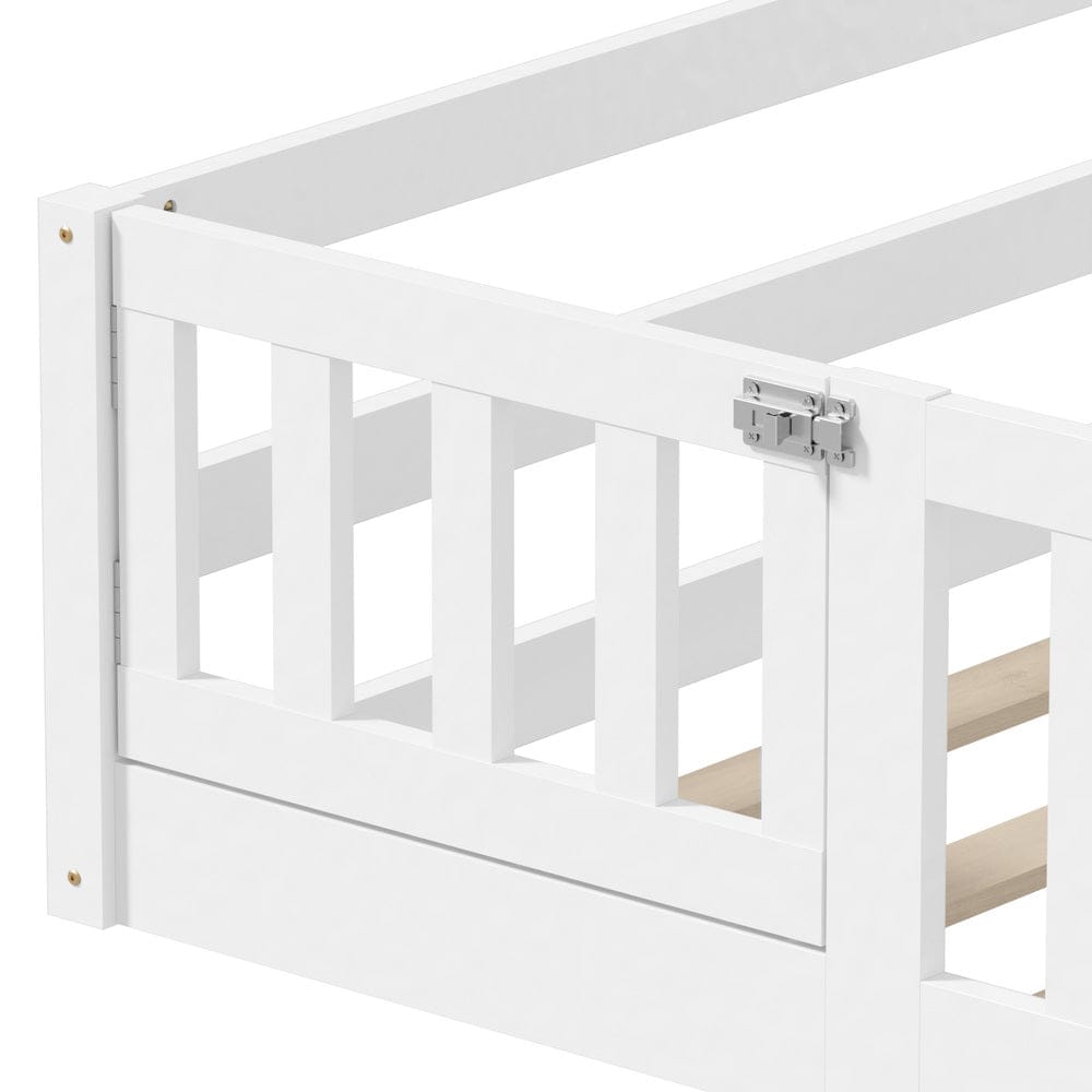 Oikiture Bedframe Play Kids Bed Frame Single Beds Timber Wood Gate Guard White