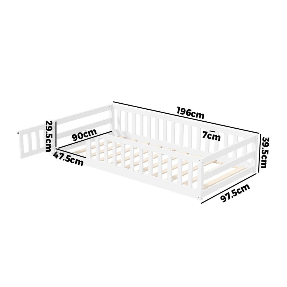 Oikiture Bedframe Play Kids Bed Frame Single Beds Timber Wood Gate Guard White