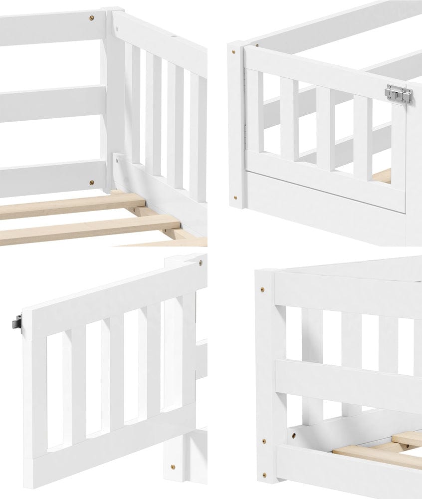 Oikiture Bedframe Play Kids Bed Frame Single Beds Timber Wood Gate Guard White