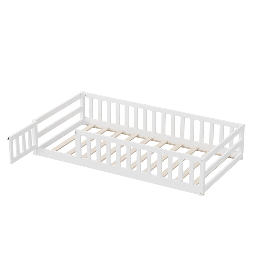 Oikiture Bedframe Play Kids Bed Frame Single Beds Timber Wood Gate Guard White