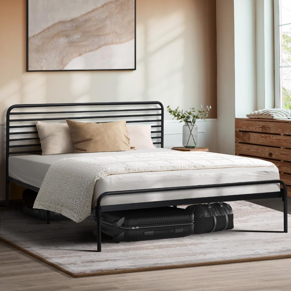 Oikiture Bedframe PORTO Metal Bed Frame Railing-Style - BLACK