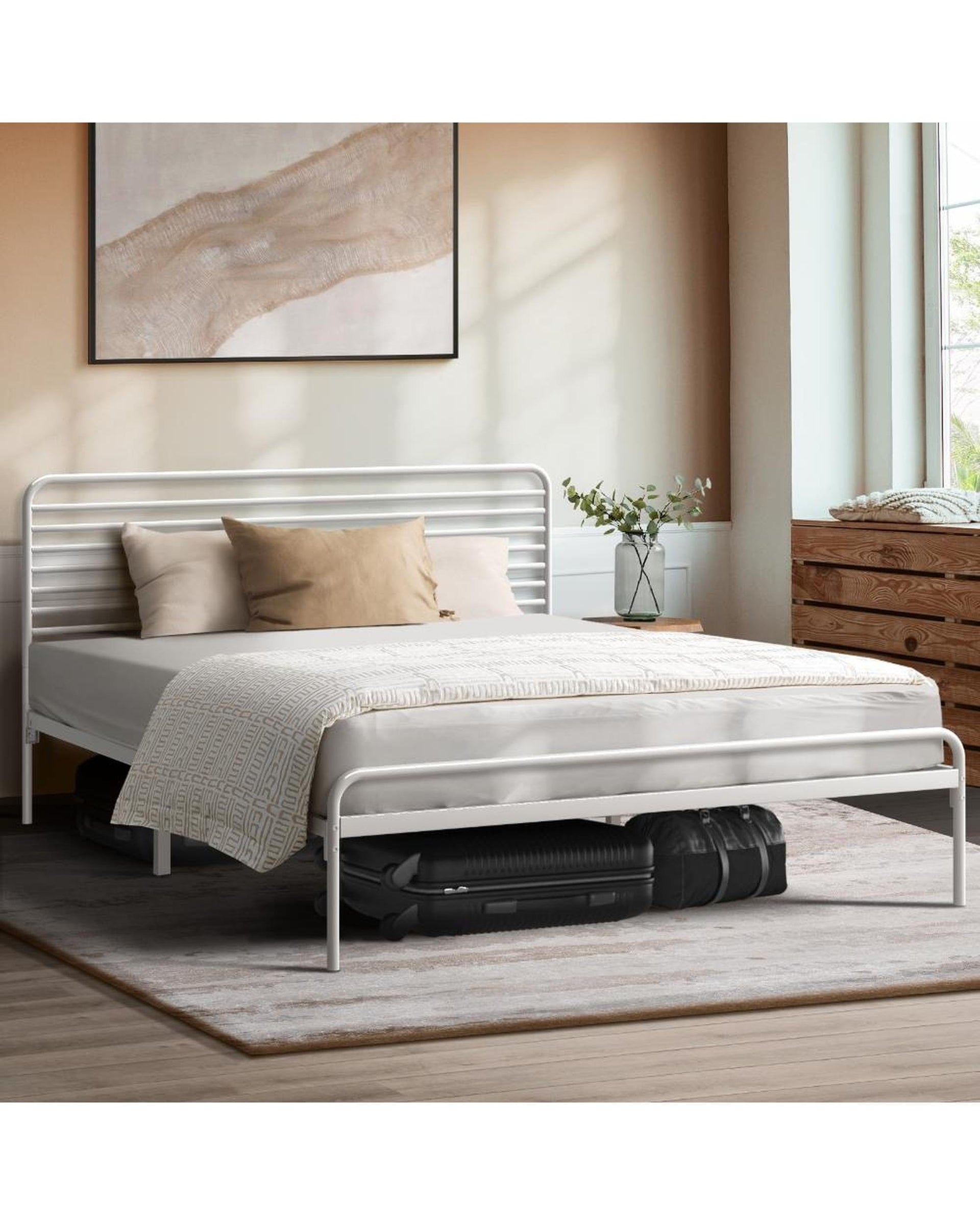Oikiture Bedframe PORTO Metal Bed Frame Railing-Style - WHITE