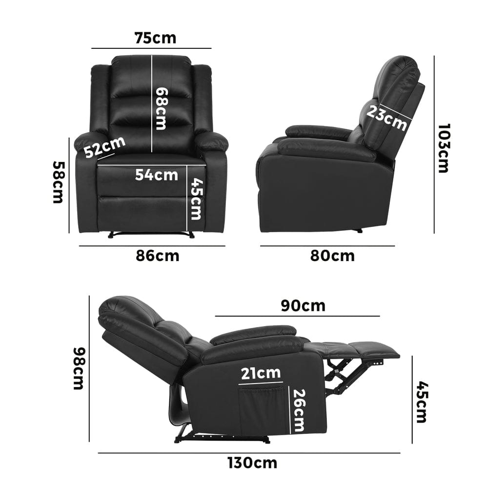 Oikiture Accent Chair Recliner Chair Armchair with Side Pocket Leather Black