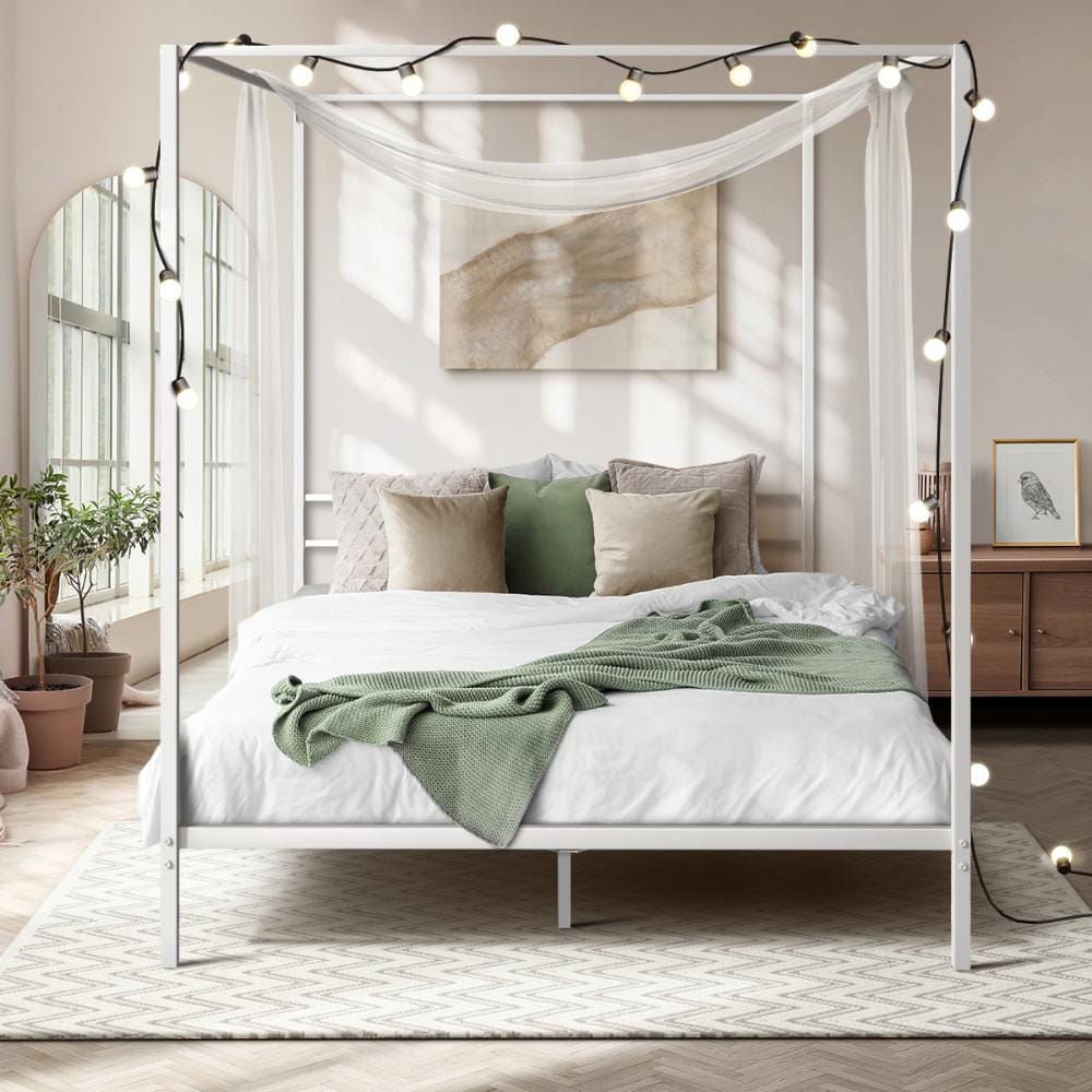 Oikiture Bedframe RYE Metal Canopy Bed Frame Platform - WHITE