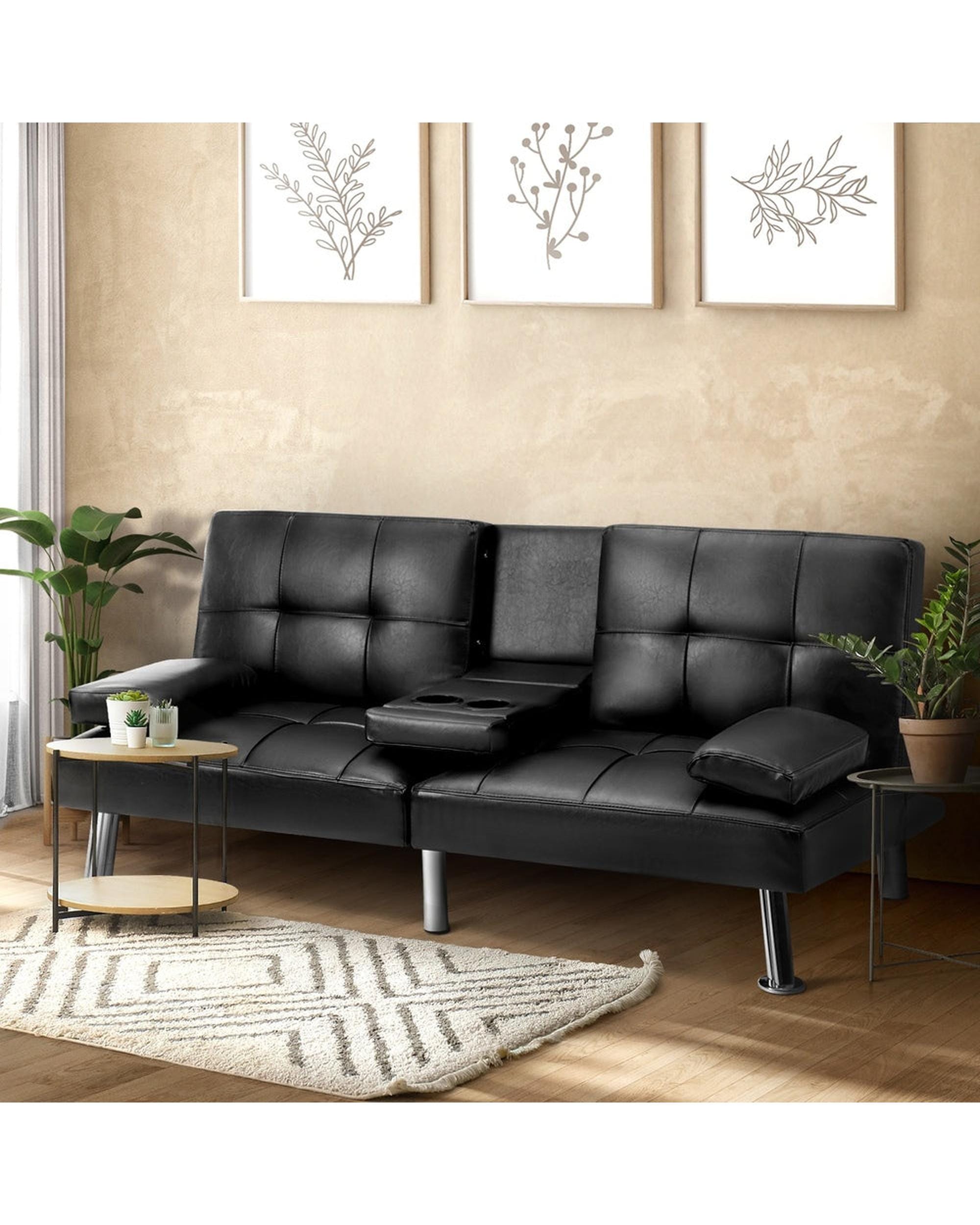 Oikiture Sofa SEPPI 3-Seater Sofa Bed with Cup Holders Black Leather
